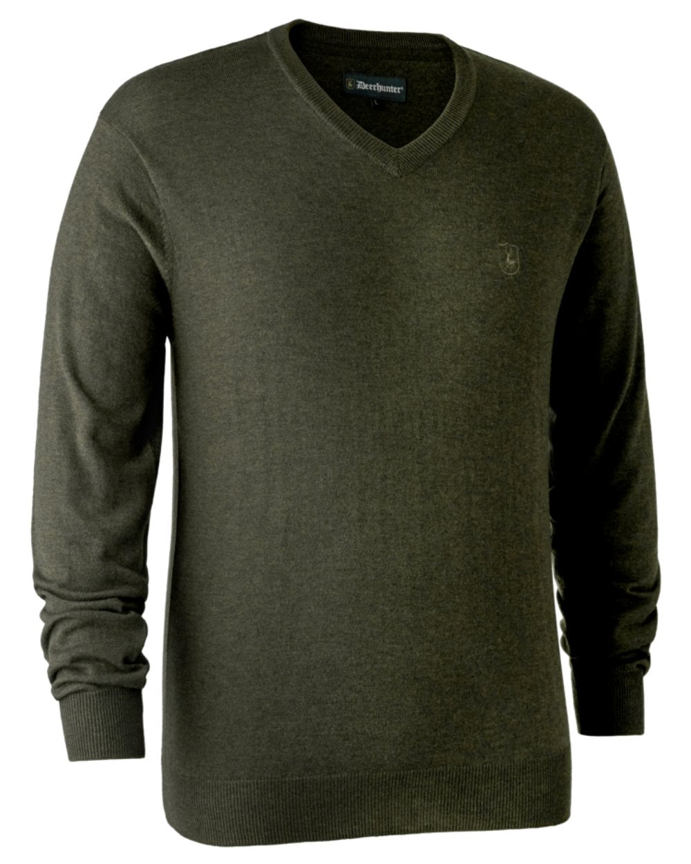 Green Melange Coloured Deerhunter Kingston Knit V-Neck Jumper On A White Background 