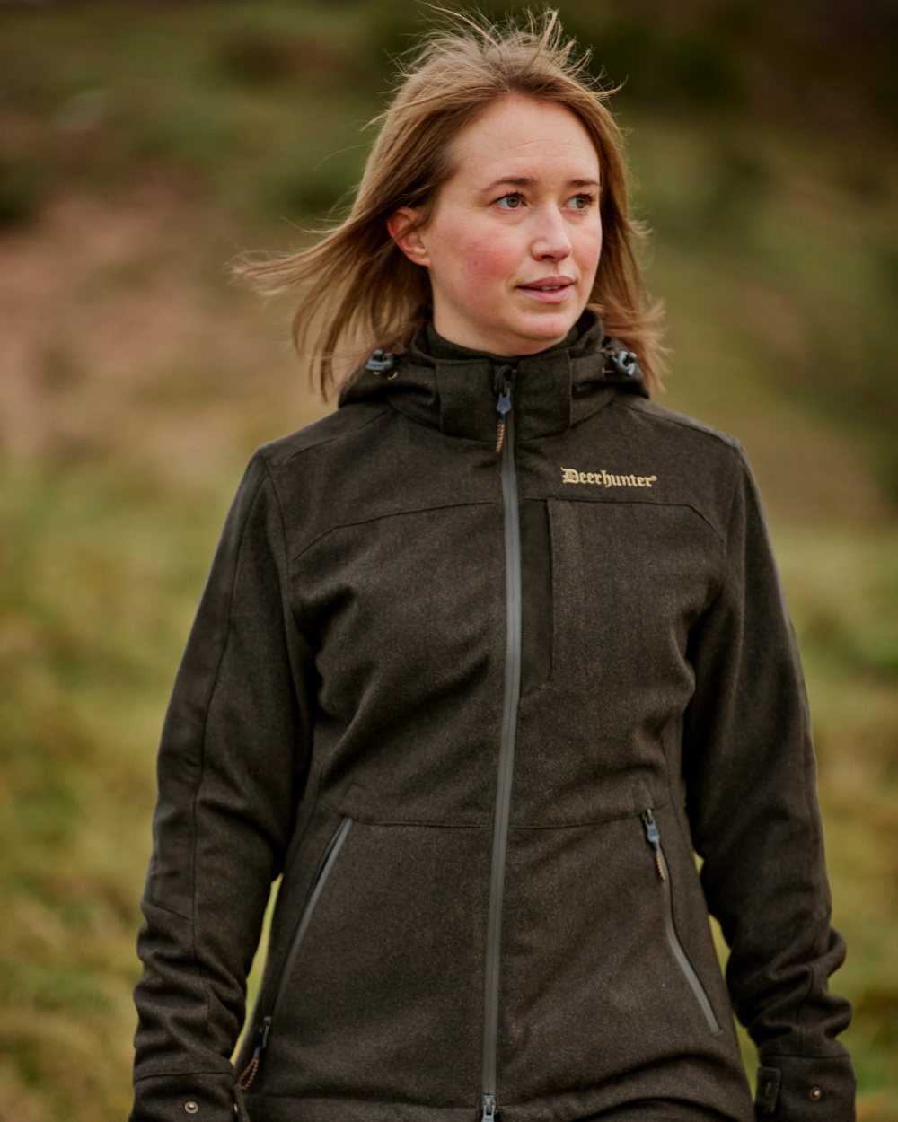 Loden Wood coloured Deerhunter Lady Tatra Active Jacket on Forest background 