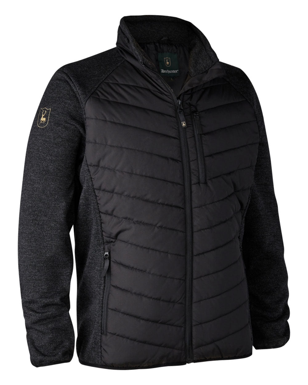 Black coloured Deerhunter Moor Padded Jacket with Knitted Sleeves on White background 