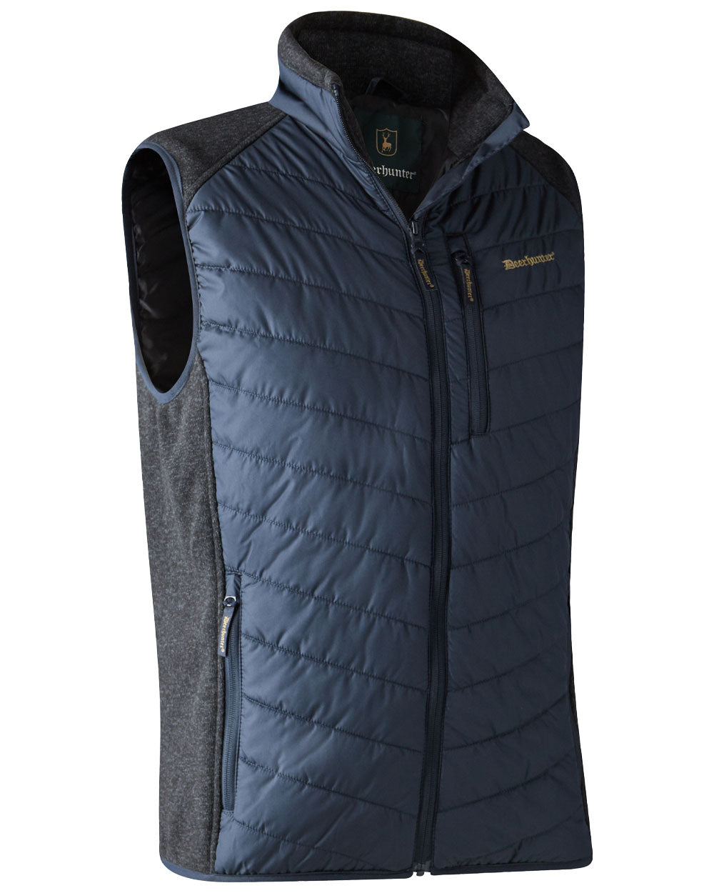Dark Blue coloured Deerhunter Moor Padded Waistcoat with Knit on White background 