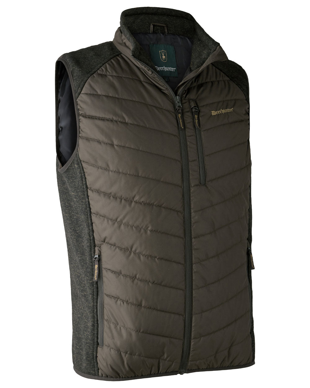 Timber coloured Deerhunter Moor Padded Waistcoat with Knit on White background 