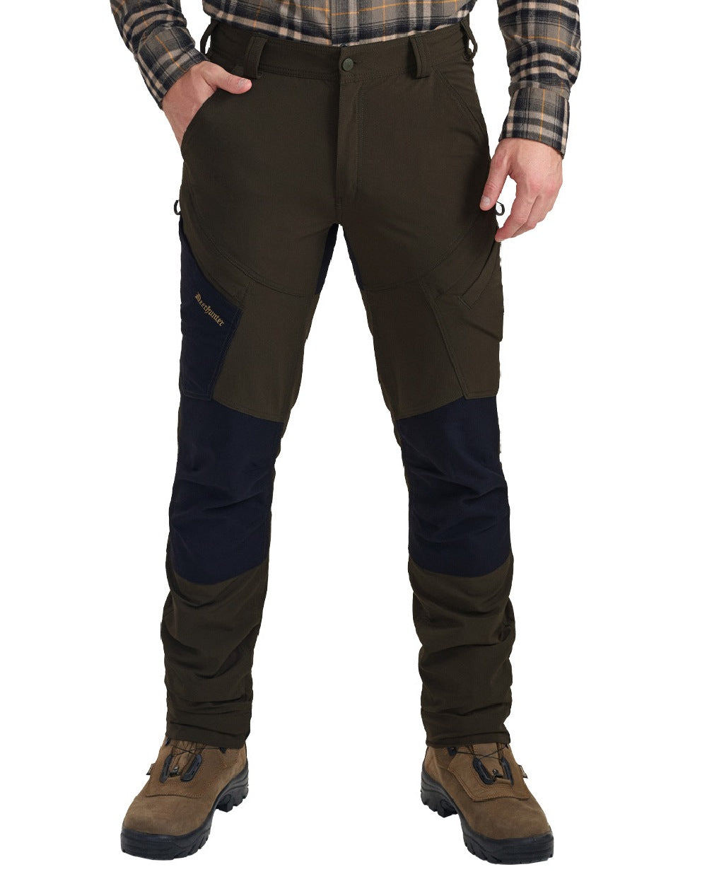 Bark Green Black coloured Deerhunter Northward Trousers on White Background 