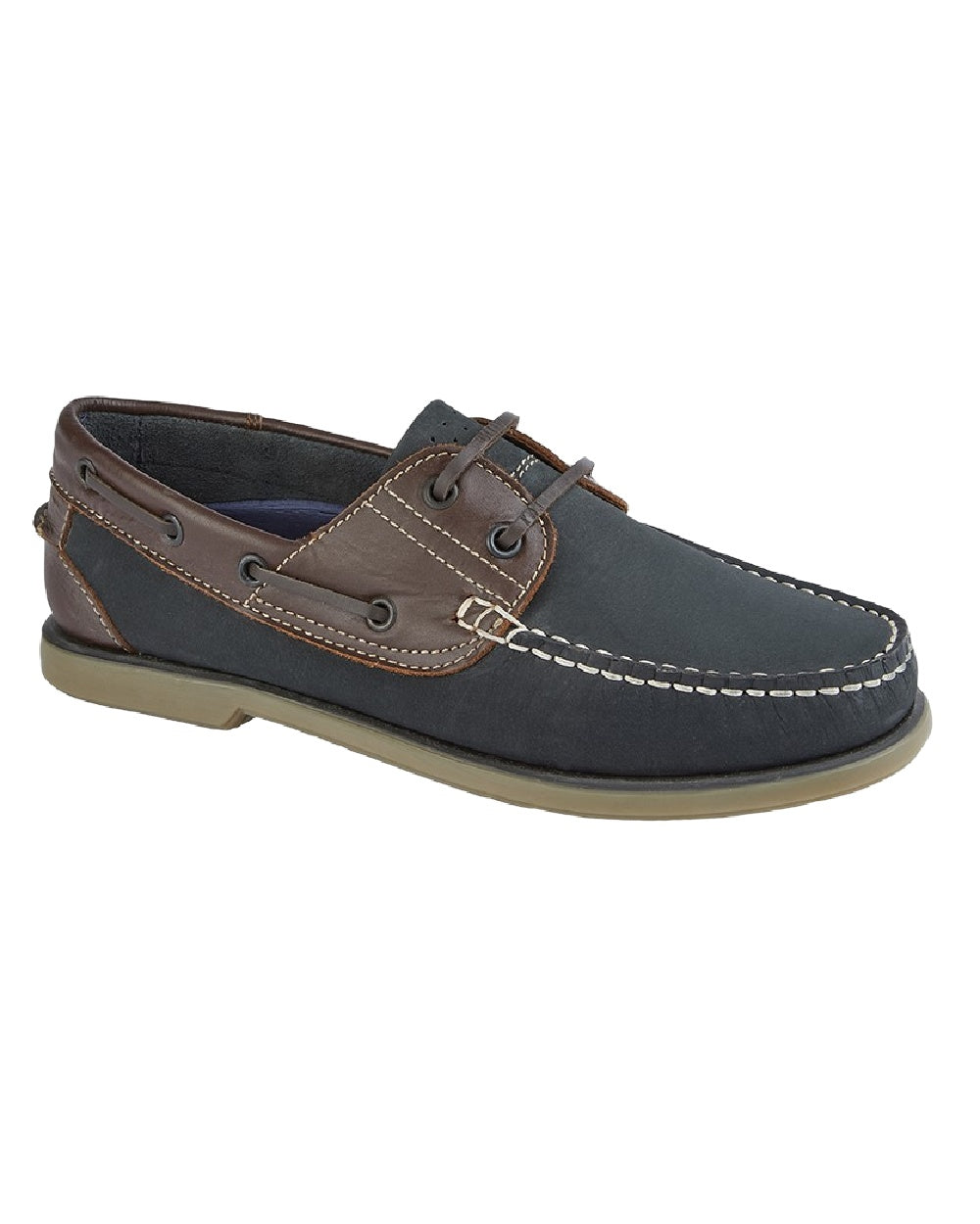 Navy Brown Nubuck Leather Coloured Dek Mens Moccasin Boat Shoes on White Background
