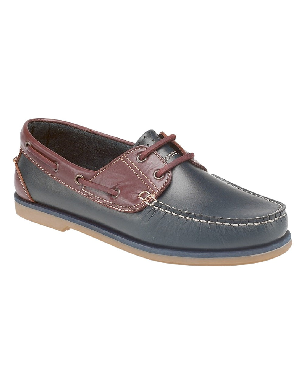 Navy Brown Coloured Dek Mens Moccasin Boat Shoes on White Background

