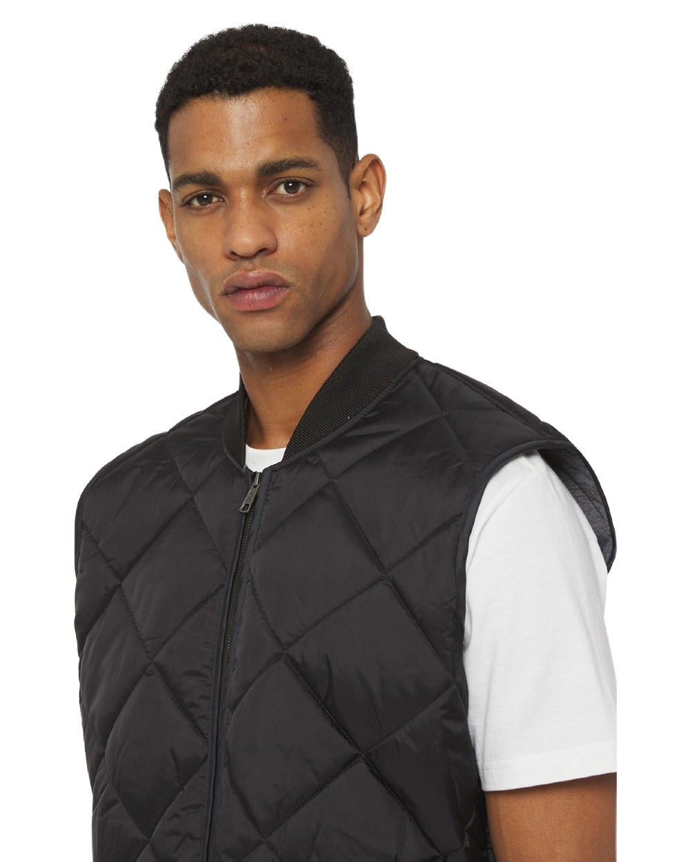 Black Coloured Dickies Mens Diamond Quilted Gilet on White Background
