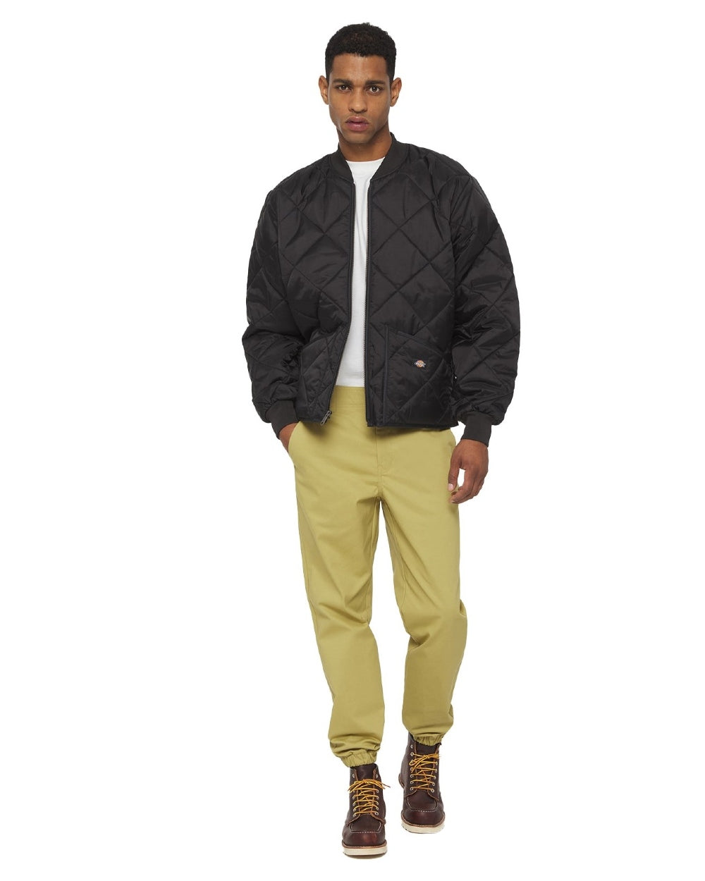 Black Coloured Dickies Mens Diamond Quilted Nylon Jacket on White Background
