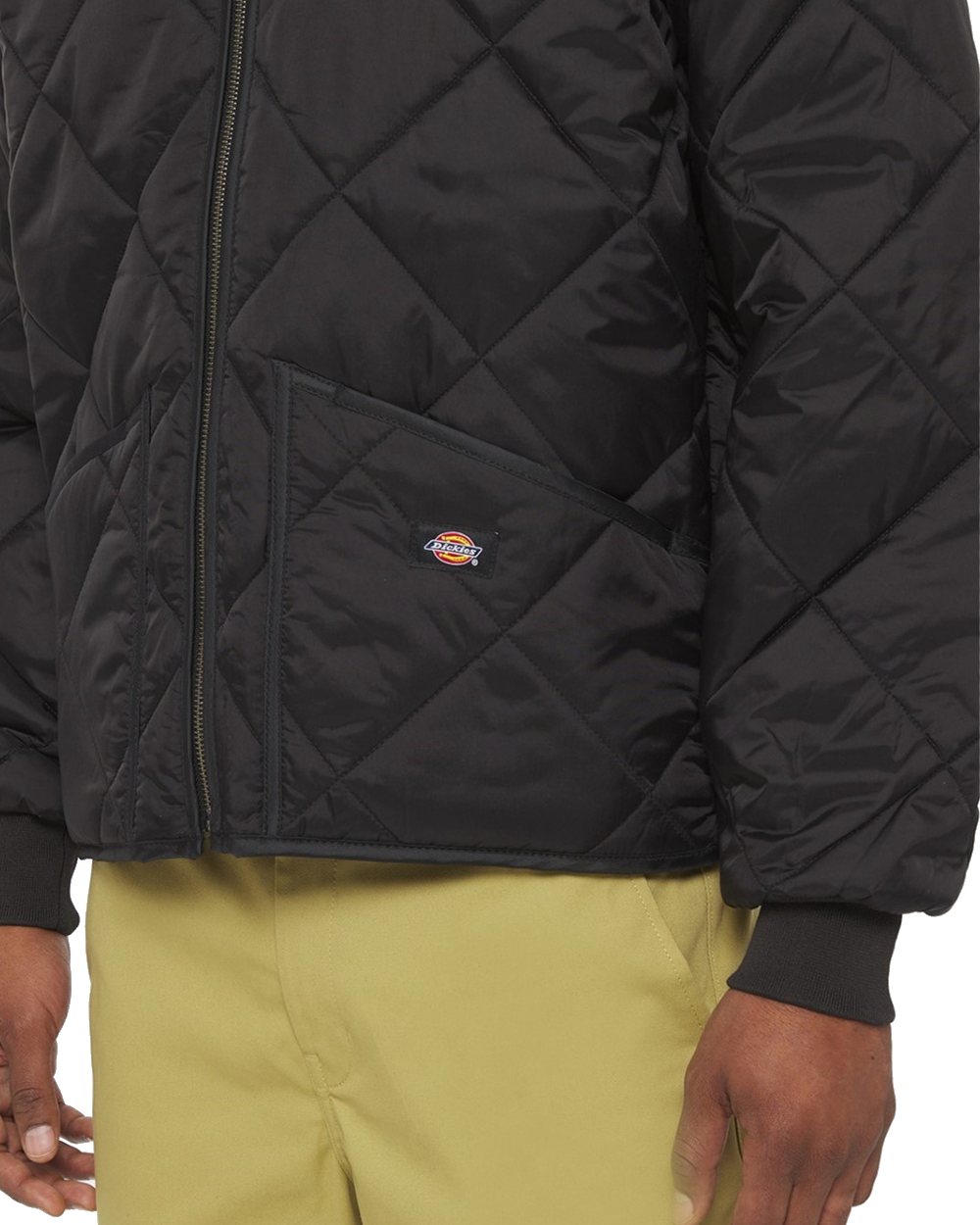 Black Coloured Dickies Mens Diamond Quilted Nylon Jacket on White Background
