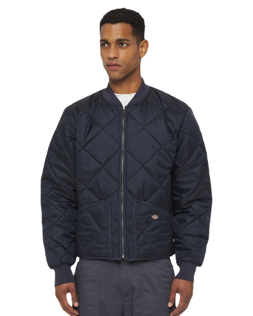Dark Navy Coloured Dickies Mens Diamond Quilted Nylon Jacket on White Background
