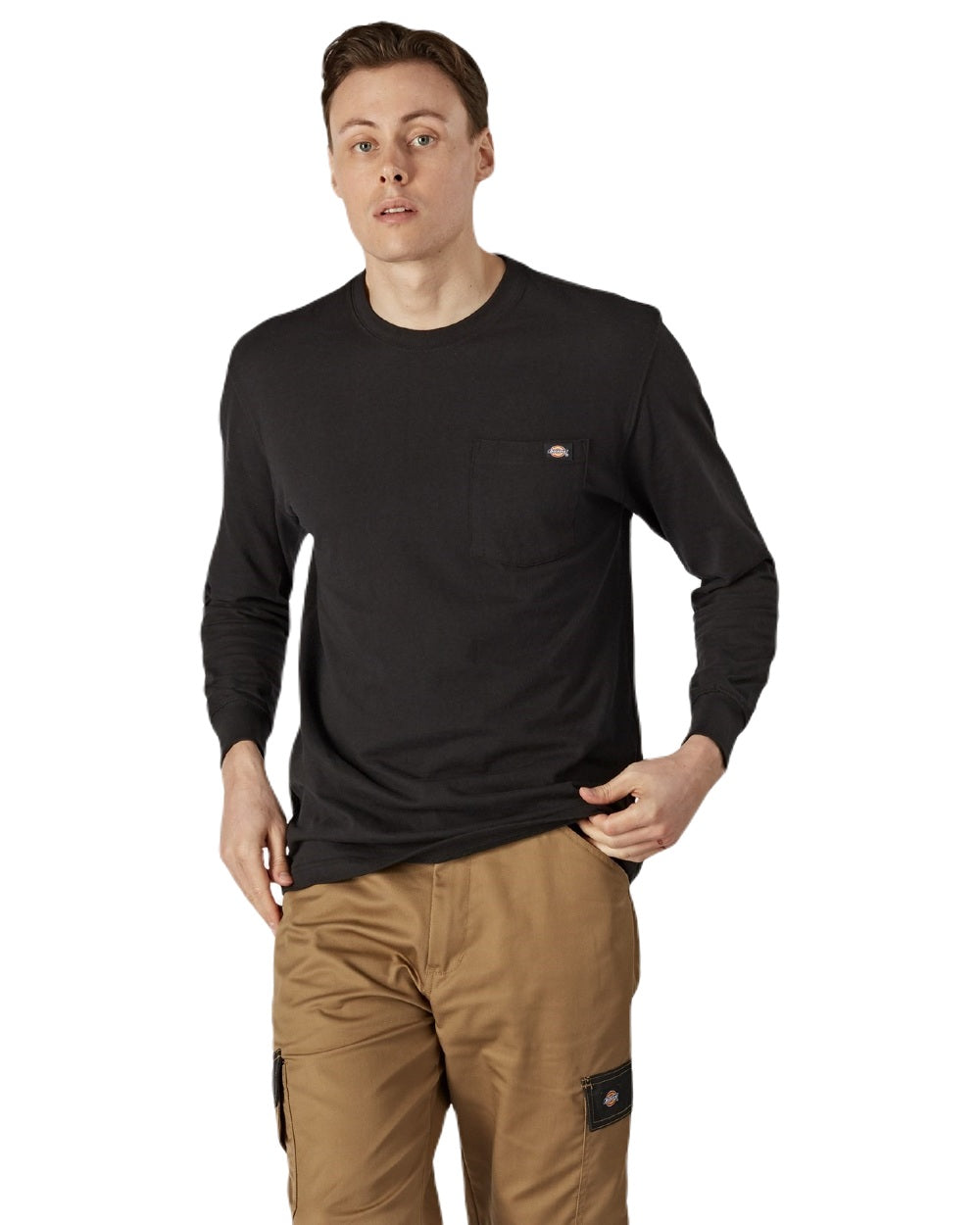 Black Coloured Dickies Mens Long Sleeve Pocket Tee on White Background
