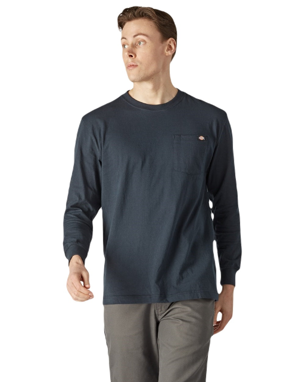 Navy Coloured Dickies Mens Long Sleeve Pocket Tee on White Background
