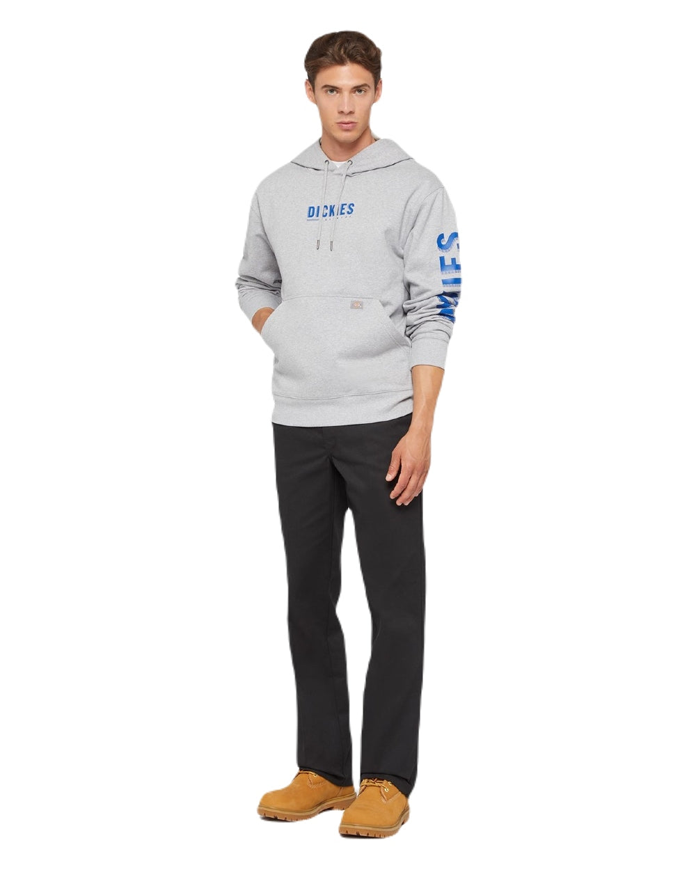 Heather Grey Coloured Dickies Mens Water Repellent Workwear Graphic Hoodie on White Background
