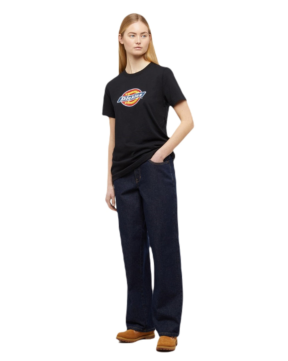 Black Coloured Dickies Womens Tricolour Logo T-Shirt on White Background
