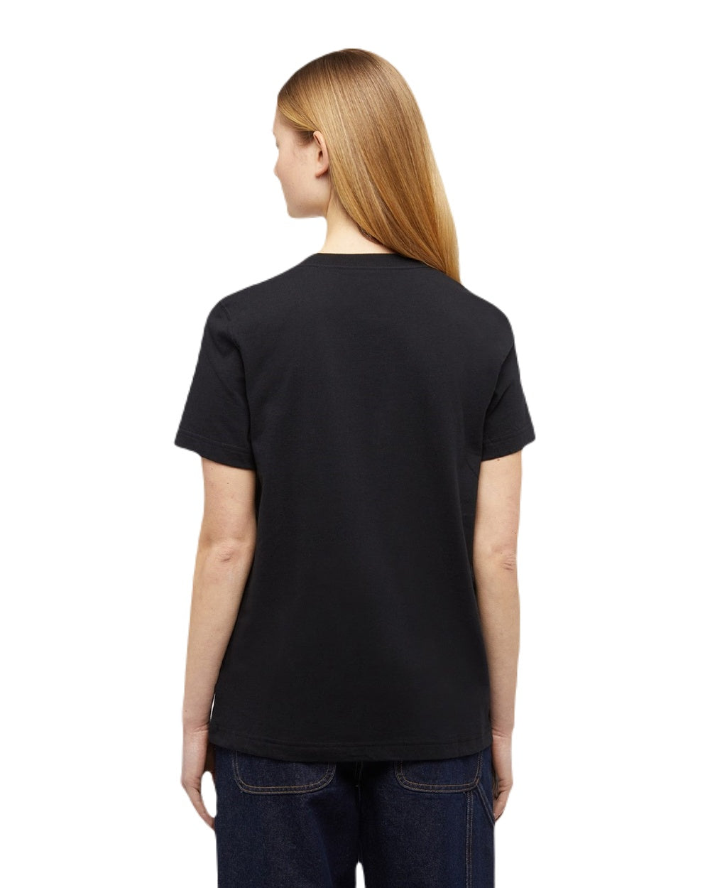 Black Coloured Dickies Womens Tricolour Logo T-Shirt on White Background
