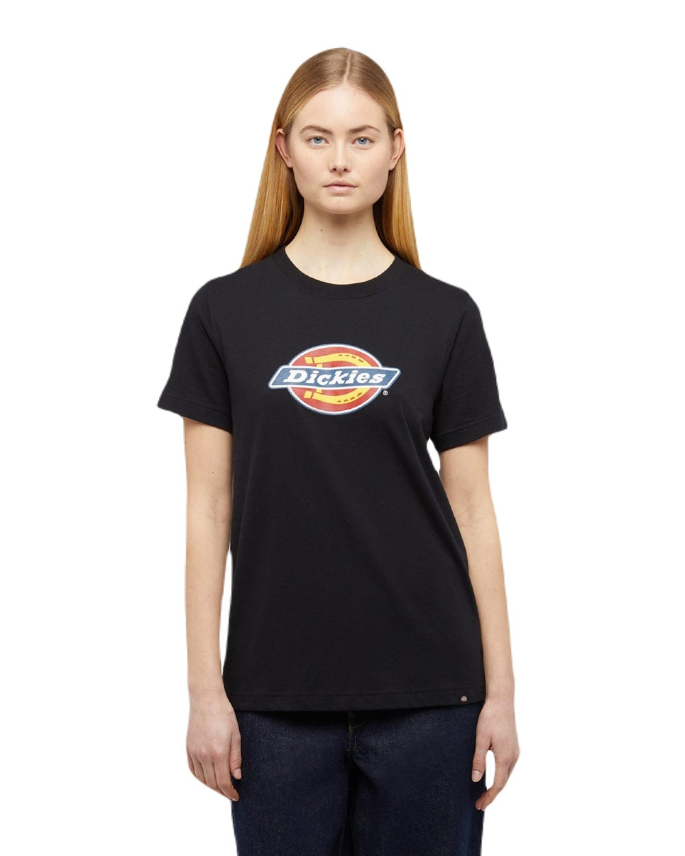 Black Coloured Dickies Womens Tricolour Logo T-Shirt on White Background
