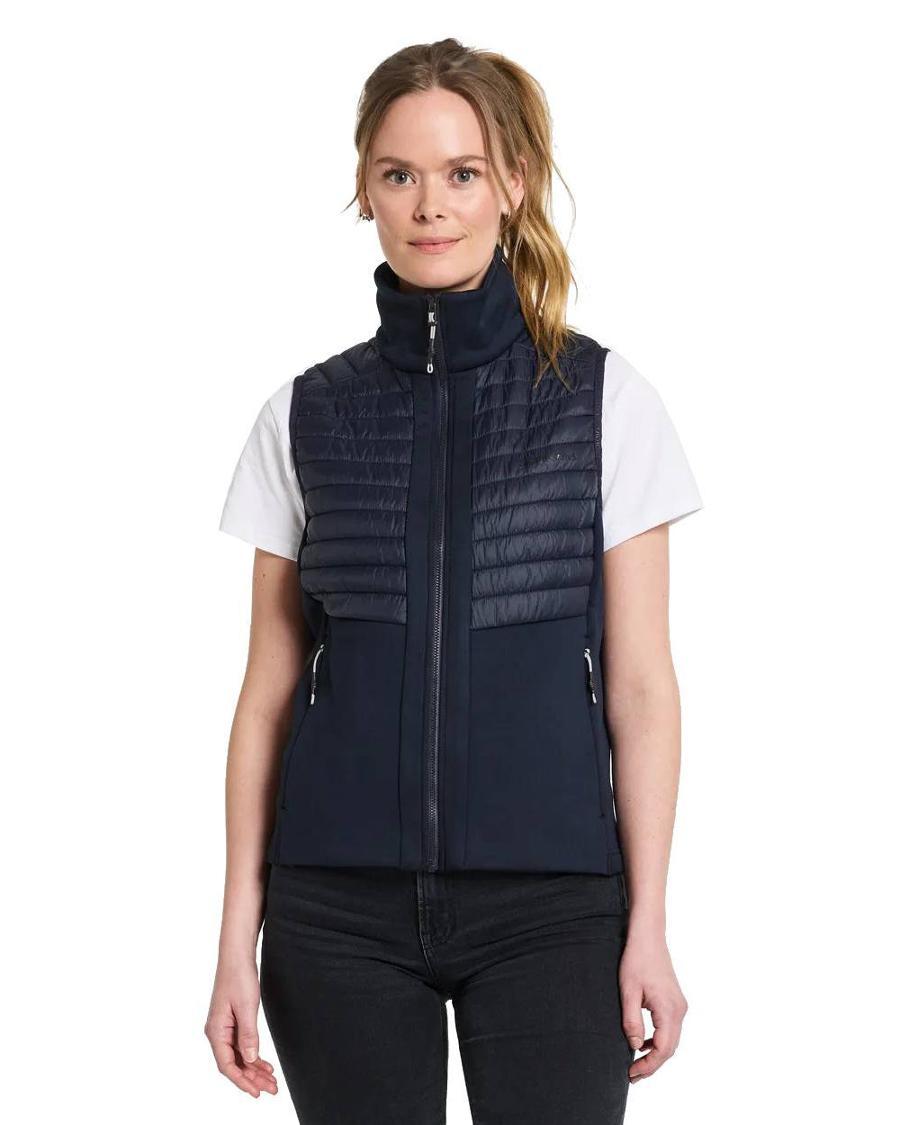 Dark Night Blue Coloured Didriksons Annema Womens Vest On A White Background 