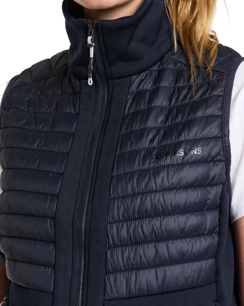 Dark Night Blue Coloured Didriksons Annema Womens Vest On A White Background 