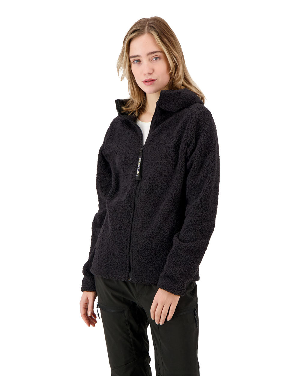 Black coloured Didriksons Anniken Womens Full Zip Fleece on White background 