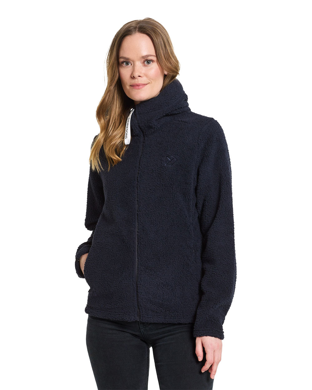 Dark Night Blue coloured Didriksons Anniken Womens Full Zip Fleece on White background 