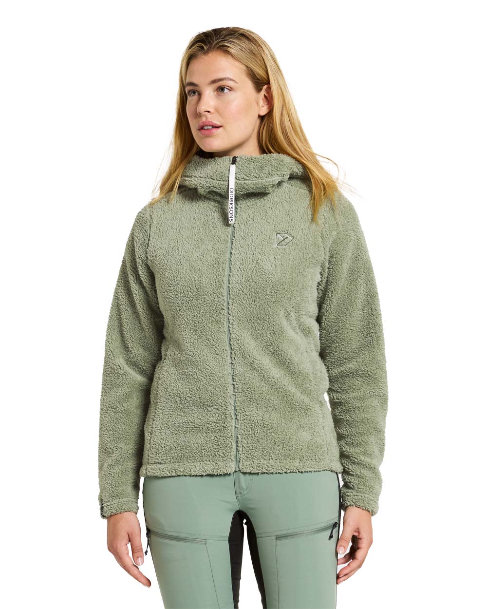 Light Moss coloured Didriksons Anniken Womens Full Zip Fleece on White background 