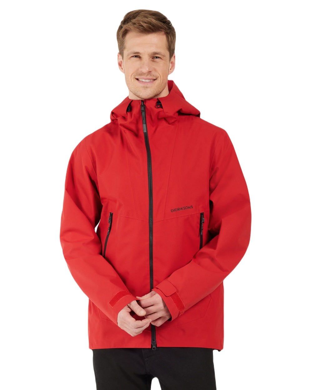 Pomme Red Coloured Didriksons Basil Unisex Waterproof Jacket 4 on White Background
