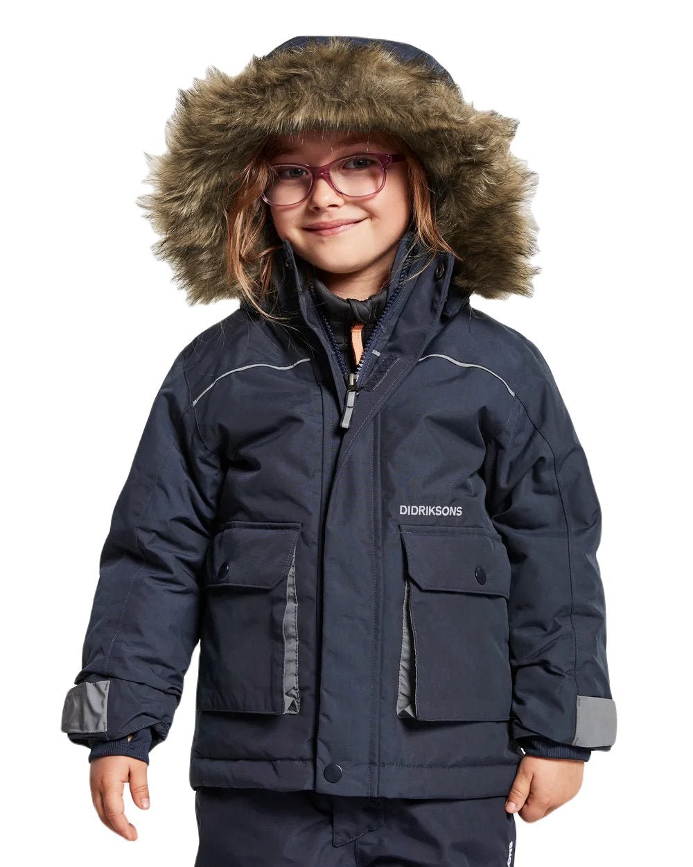 Navy Coloured Didriksons Bjornen Childrens Parka On A White Background 