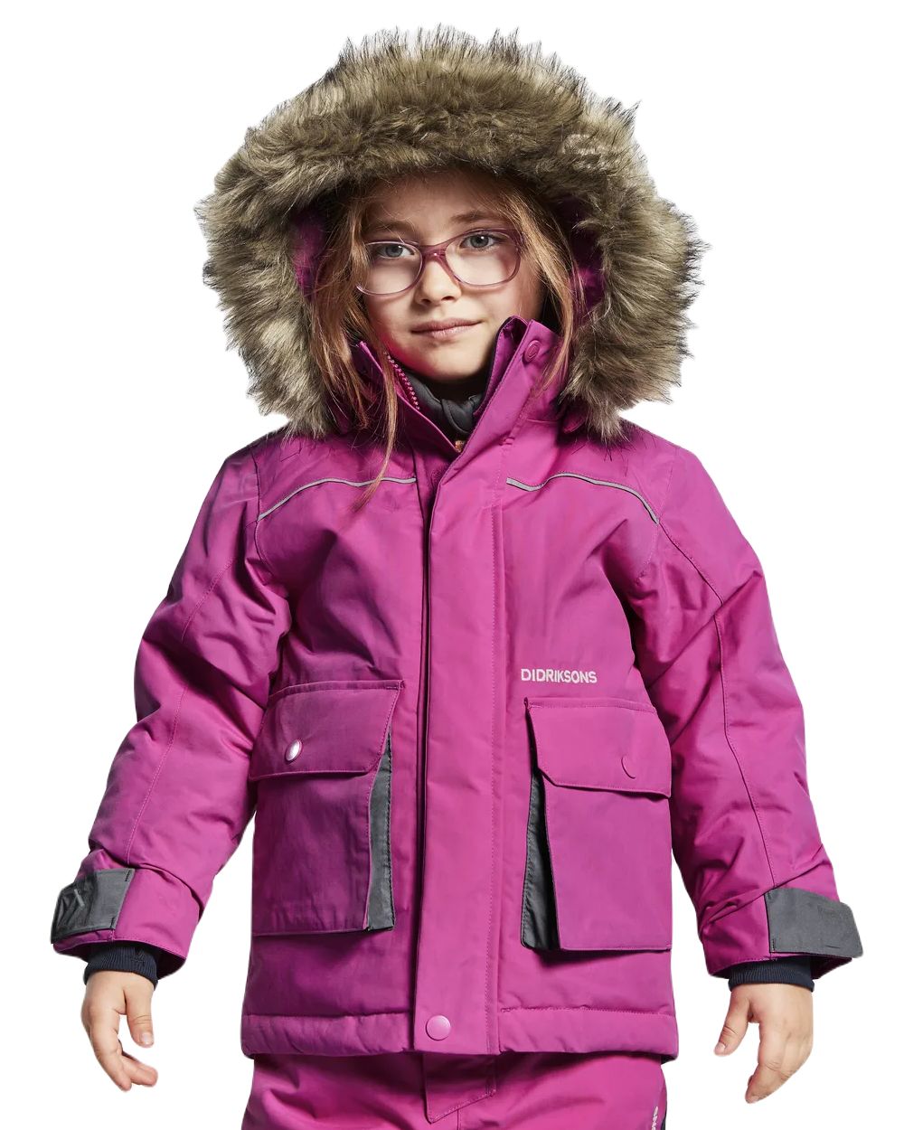 Plastic Pink Coloured Didriksons Bjornen Childrens Parka On A White Background 