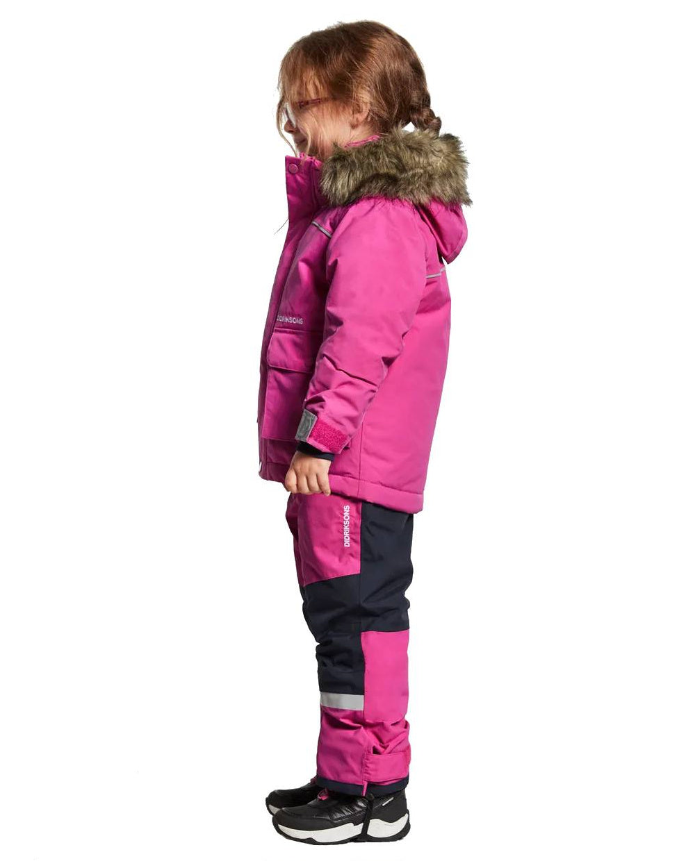 Plastic Pink Coloured Didriksons Bjornen Childrens Parka On A White Background 