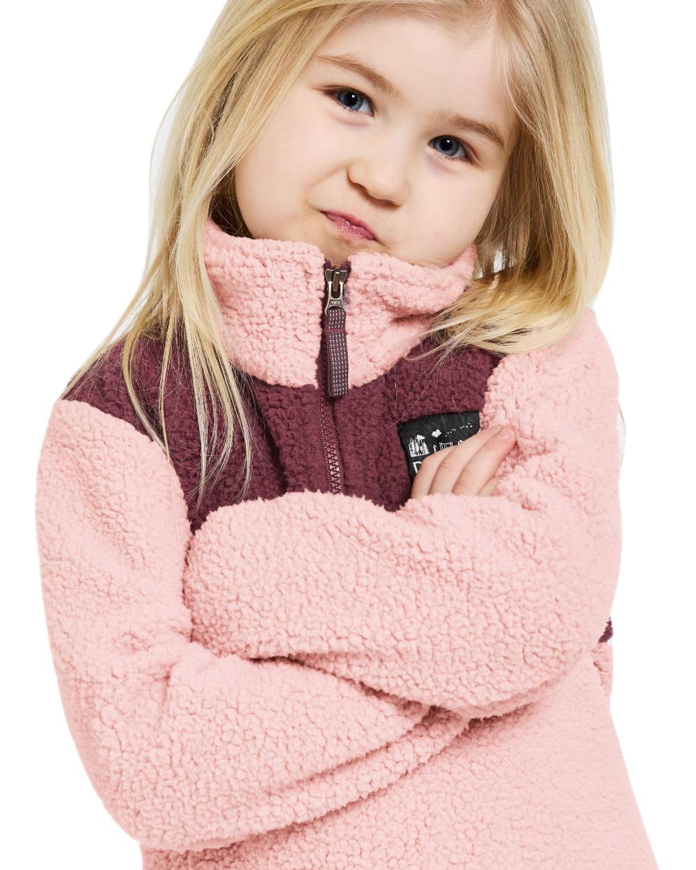 Dusty Pink Coloured Didriksons Childrens Gosig Half Zip Sweater On A White Background 