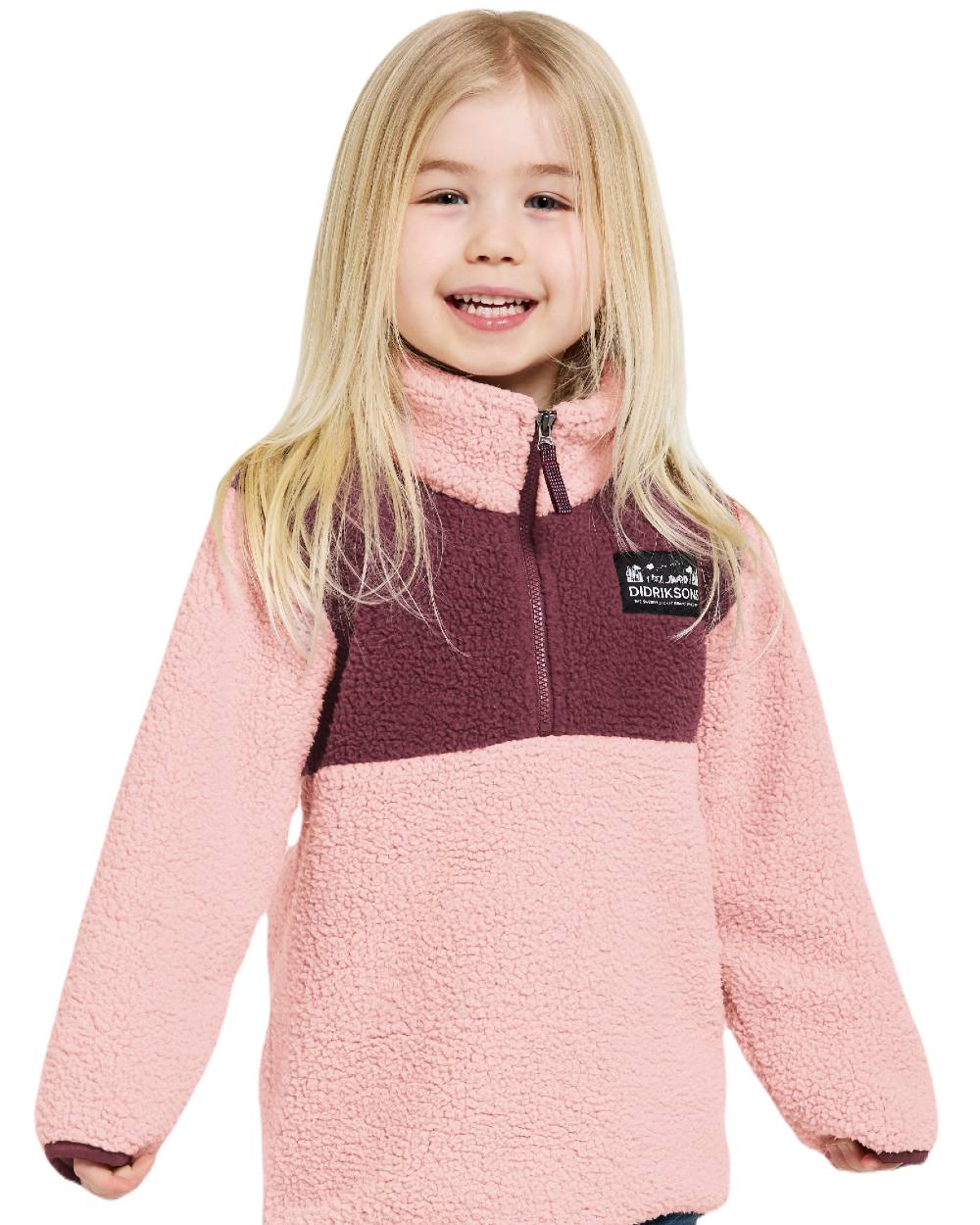 Dusty Pink Coloured Didriksons Childrens Gosig Half Zip Sweater On A White Background 