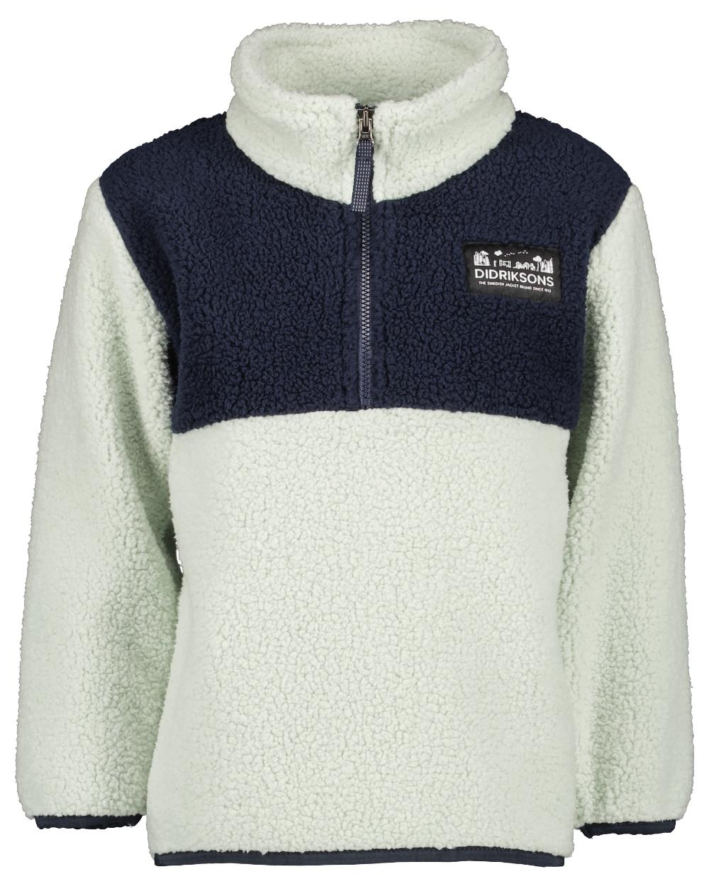 Pale Mint Coloured Didriksons Childrens Gosig Half Zip Sweater On A White Background 