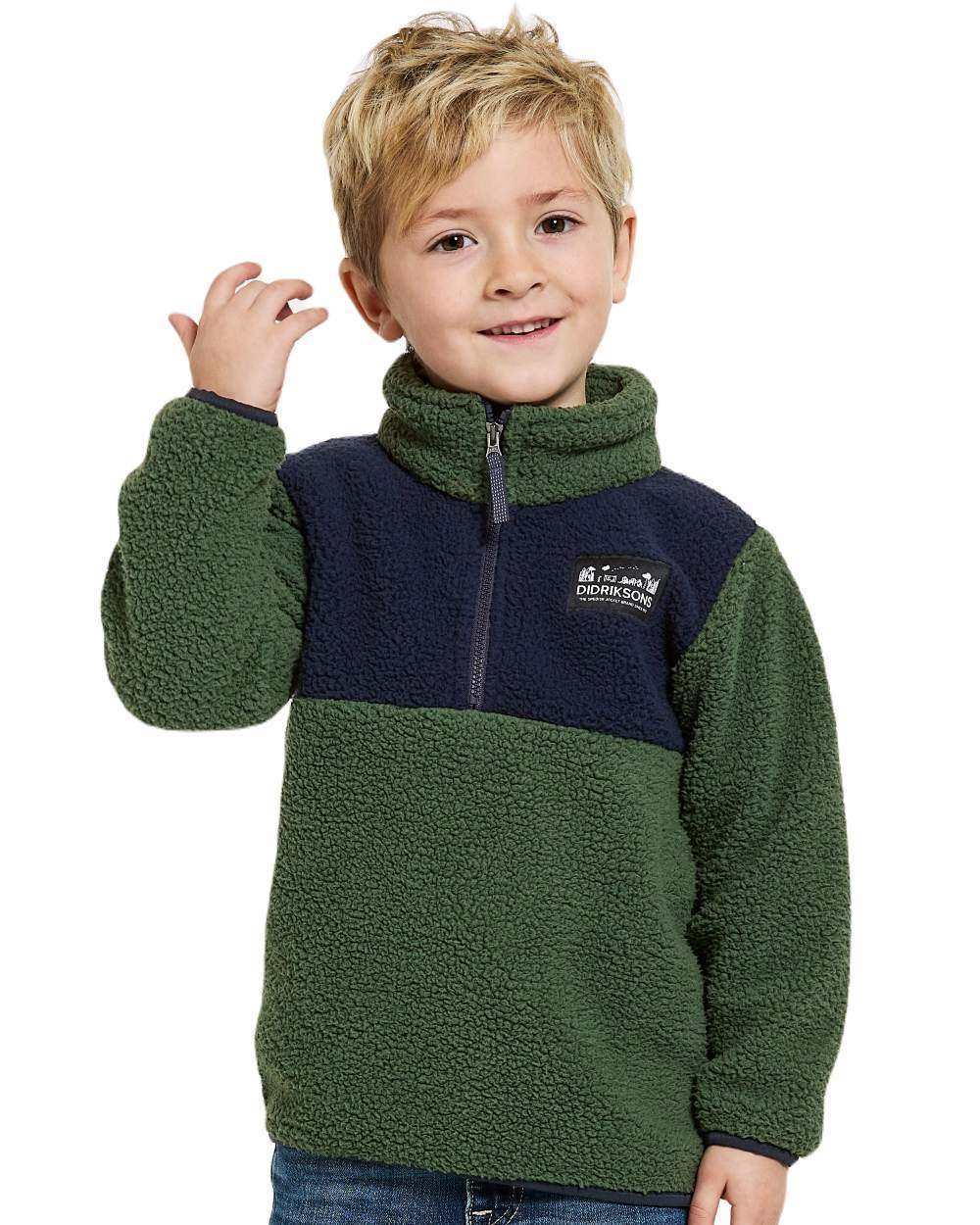 Pine Green Coloured Didriksons Childrens Gosig Half Zip Sweater On A White Background 