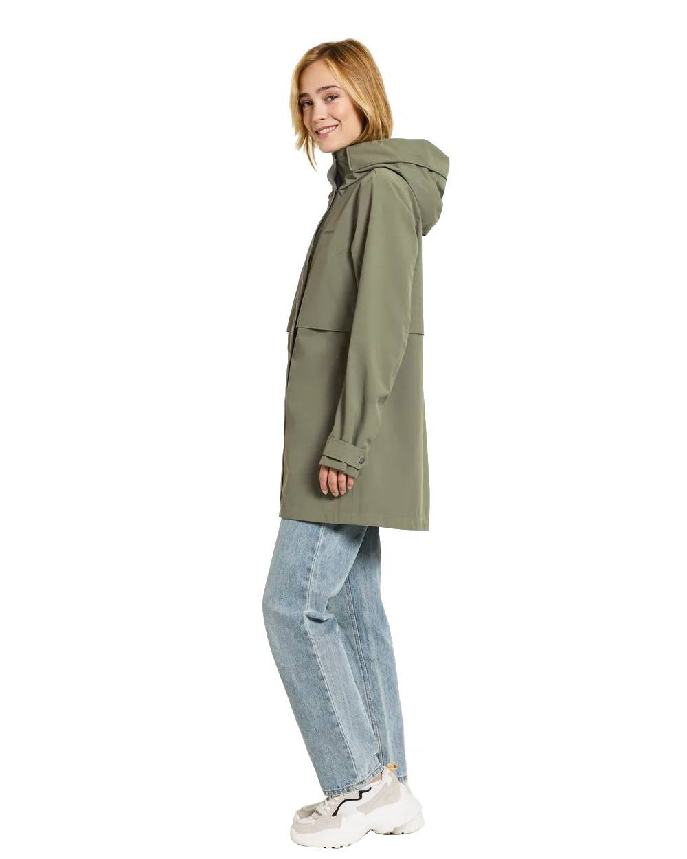 Dusty Olive Coloured Didriksons Edith Parka On A White Background 