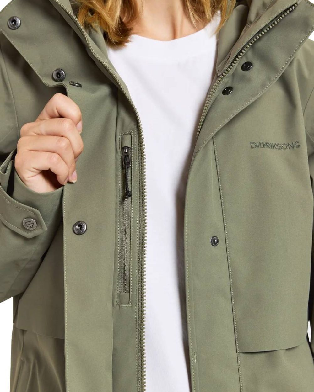 Dusty Olive Coloured Didriksons Edith Parka On A White Background 