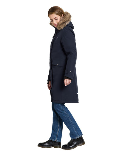 Dark Night Blue Coloured Didriksons Erika Ladies Padded Waterproof Parka 3 On A White Background 