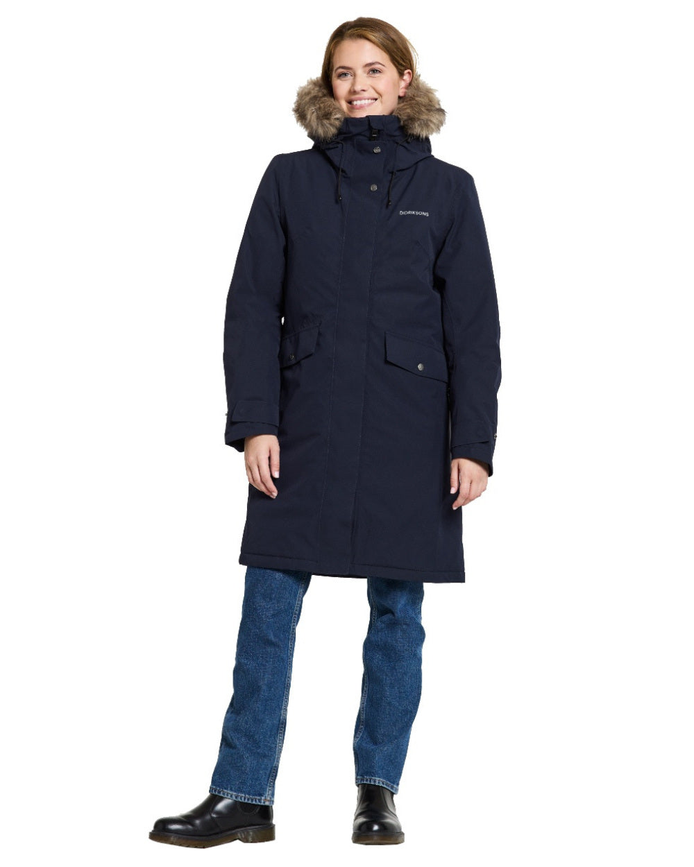 Dark Night Blue Coloured Didriksons Erika Ladies Padded Waterproof Parka 3 On A White Background 