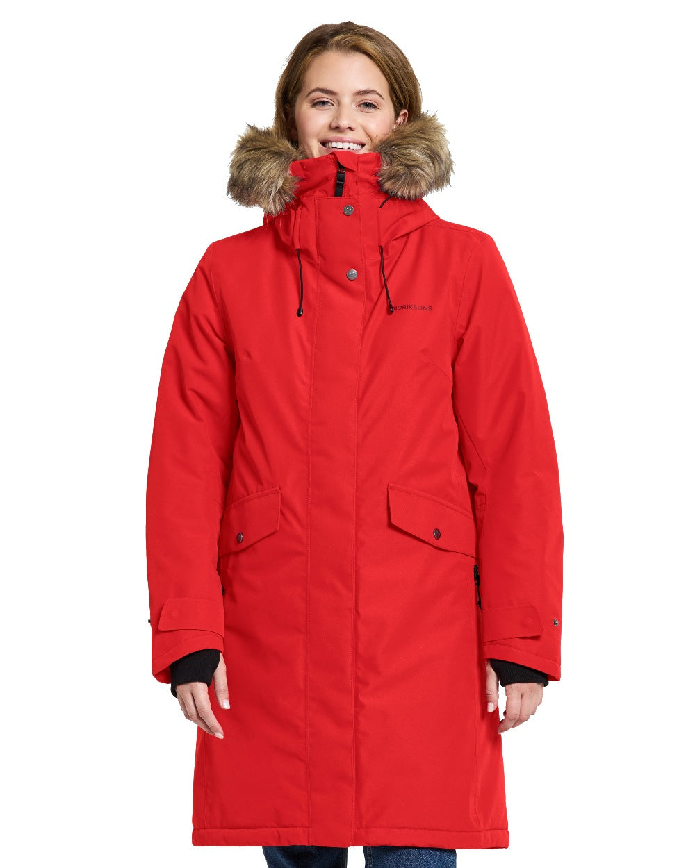 Pomme Red Coloured Didriksons Erika Ladies Padded Waterproof Parka 3 On A White Background 