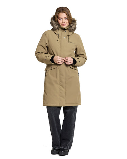 Wood Coloured Didriksons Erika Ladies Padded Waterproof Parka 3 On A White Background 