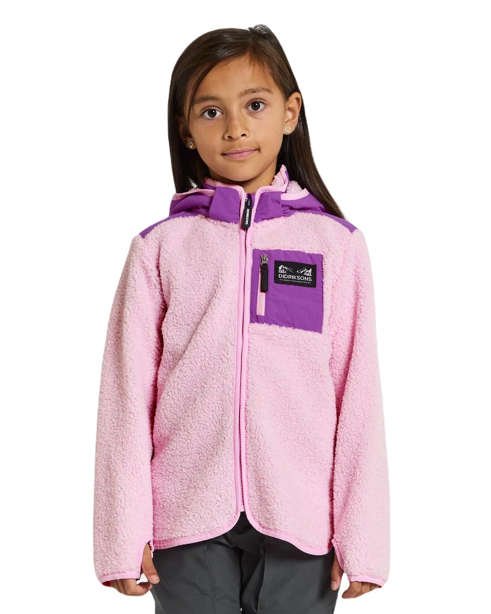 Orchid Pink Coloured Didriksons Exa Childrens Full Zip On A White Background 