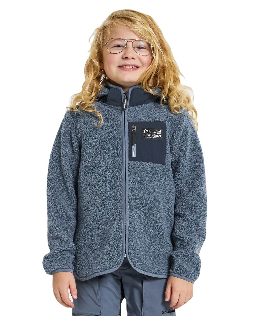 True Blue Coloured Didriksons Exa Childrens Full Zip On A White Background 