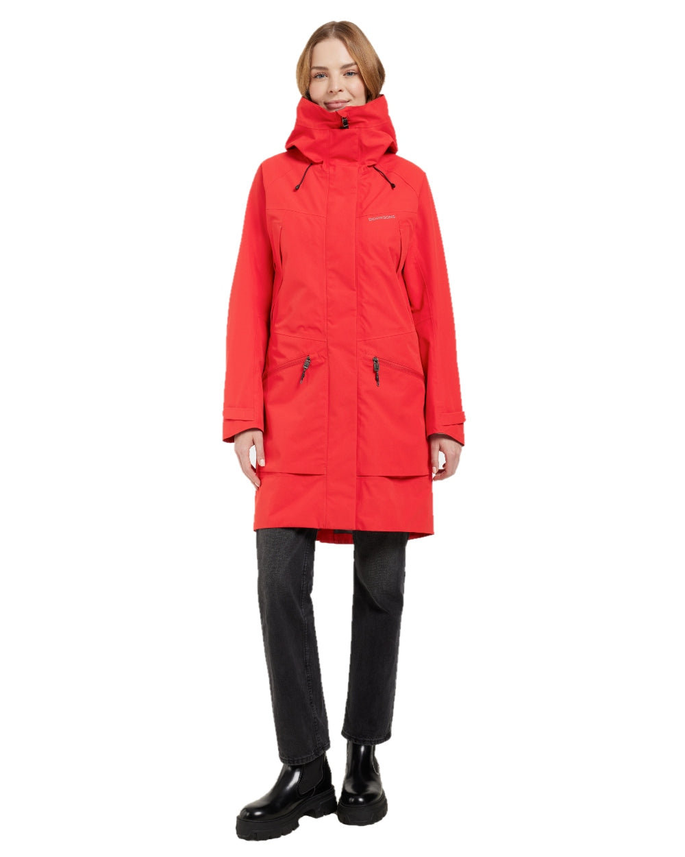 Pomme Red coloured Didriksons Womens Parka on white background 