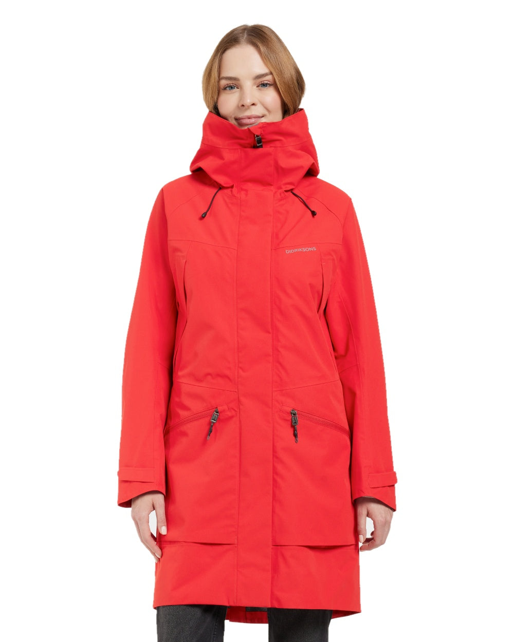 Pomme Red coloured Didriksons Womens Parka on white background 