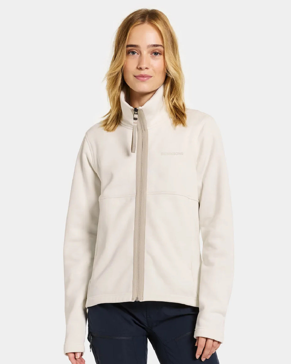 White Foam Coloured Didriksons Leah Womens Fullzip On A Grey Background 