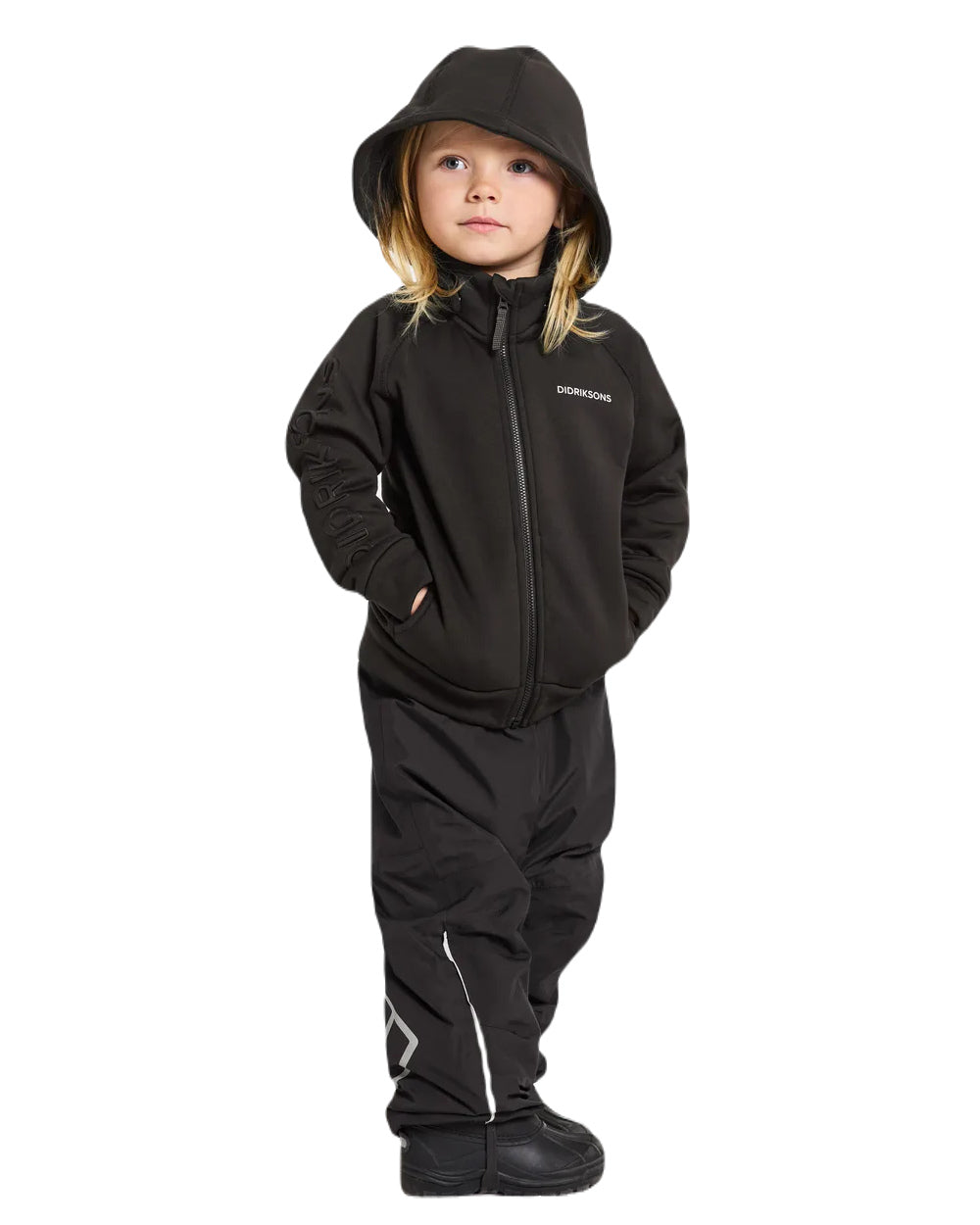 Black Coloured Didriksons Narvi Childrens Pant On A White Background 