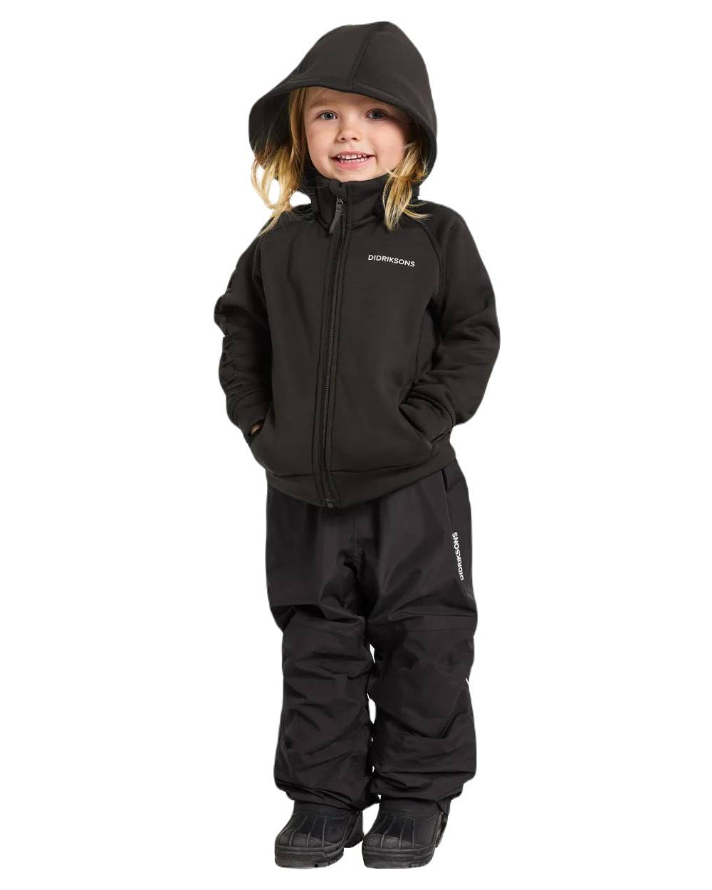 Black Coloured Didriksons Narvi Childrens Pant On A White Background 