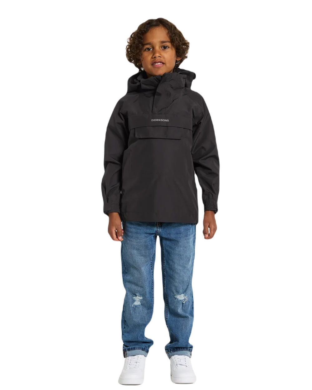 Black Coloured Didriksons Pi Childrens Anorak On A White Background 