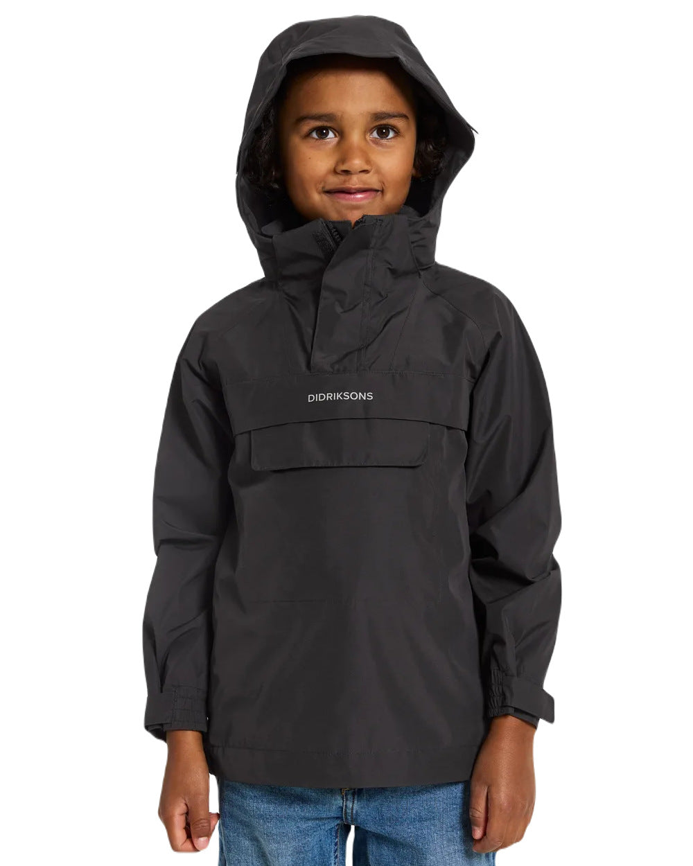 Black Coloured Didriksons Pi Childrens Anorak On A White Background 