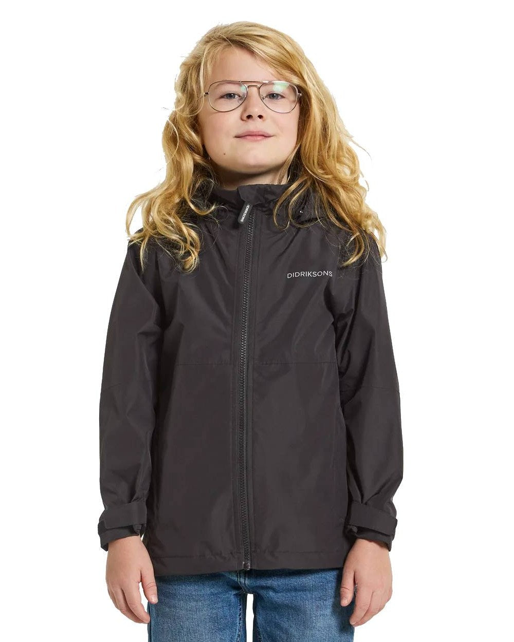 Black Coloured Didriksons Piko Childrens Jacket On A White Background 