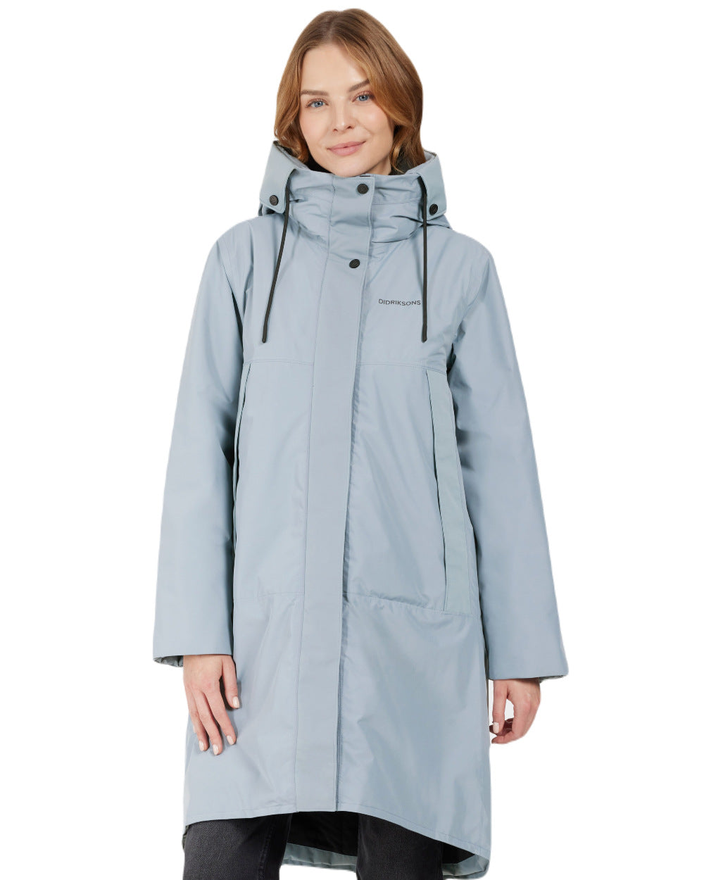 Factory Blue Coloured Didriksons Womens Elissa Parka On A White Background 