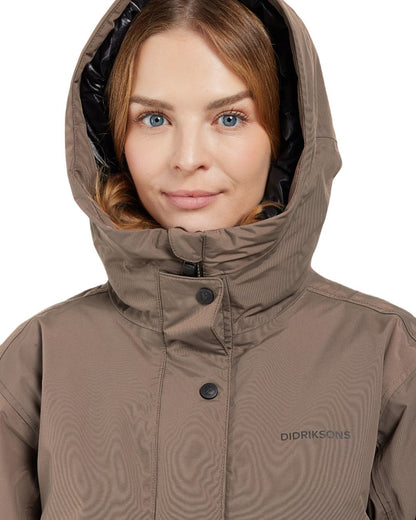 Mocha Brown Coloured Didriksons Womens Ilsa Parka On A White Background 