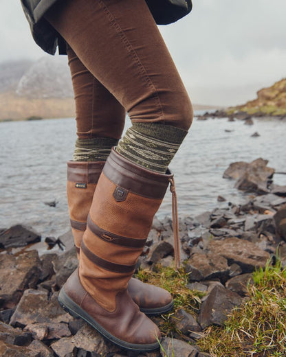 Olive Coloured Dubarry Alpaca Socks On A river Background 